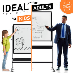 Excello Global Products Large 48x32 White Board on Wheels: 1 Reversible  Magnetic Dry Erase Board with Rolling Stand, 4 Dry Erase Markers, 1 Eraser